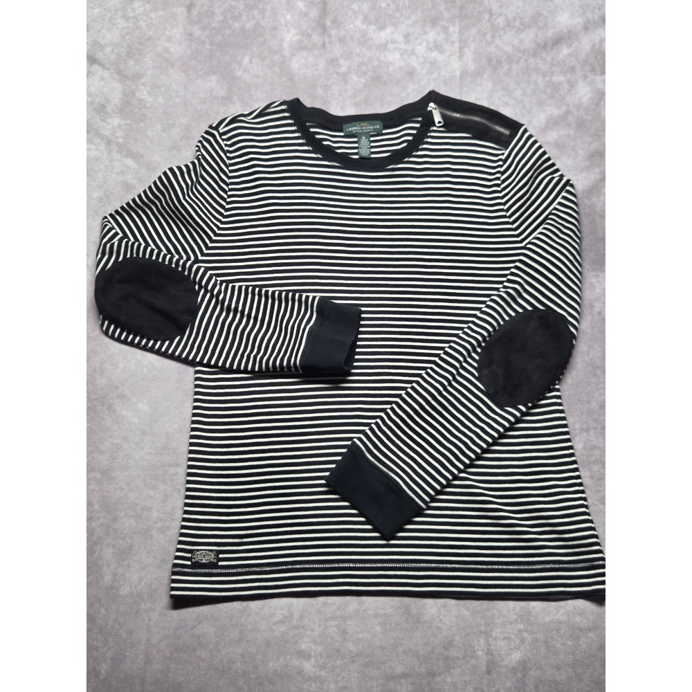 Lauren Ralph Lauren Womens XL Black Striped Long Sleeve Top 100% Cotton Preppy